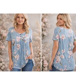 Popyoung Floral Henley Tunic Women XL Blue Pink Cottagecore Short Sleeve Top